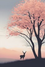 Abstract minimalist spring scene with a single, sharp silhouette of a deer and of a blooming tree,