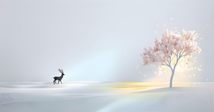 Abstract minimalist spring scene with a single, sharp silhouette of a deer and of a blooming tree,