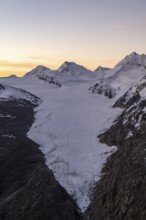 Mountain panorama and glacier at sunrise, Gurgler Ferner with summit Falschungsspitze, Ötztal Alps,