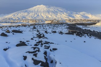 Rocks, lava field and surf at the coast, evening light, sun, snow, winter, Arnarstapi,