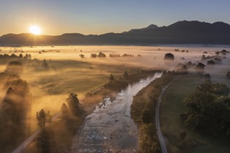 Aerial view of a river in front of mountains in the morning light, fog, summer, Loisach, view of