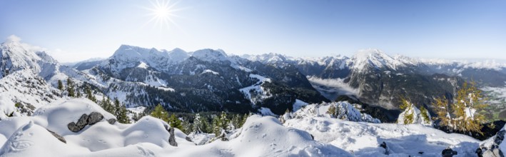 Panorama, Snow-covered summit of the Jenner with viewing platform in autumn, view of the sea of