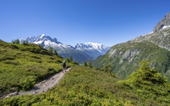 Mountaineer on hiking trail, mountain panorama with glaciated mountain peaks, Aiguille Verte with