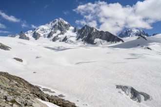 High alpine mountain landscape, Glacier du Tour, glacier and mountain peak, summit of the Aiguille