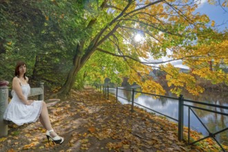 Autumn at the flower wall with model on bench in Rinteln Germany