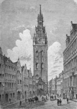 The Belfry of Ghent, Flanders, Belgium, in 1882, Historical, digital reproduction of an original