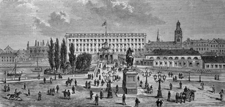 Royal Palace and Gustav Adolf Square in Stockholm, Sweden, in 1885, Historical, digital