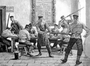 Gun cleaning in the barracks, soldiers, Germany, in 1880, Historical, digital reproduction of an