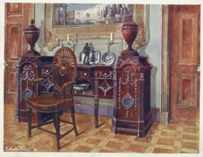 Furniture around the turn of the century 1900, Sideboard with carved mahogany pedestal, Oval