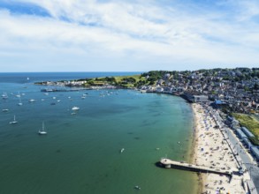 Swanage and Swanage Bay from a drone, Jurassic Coast, Dorset Coast, Poole, England, United Kingdom,