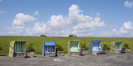 Beach chairs on the promenade, Wyk, Föhr, North Sea island, North Frisia, Schleswig-Holstein,