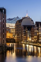 Nikolaifleet with Elbe Philharmonic Hall at the blue hour, Hamburg, Germany, Europe