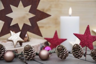 Christmas, decoration, stars, candle, atmospheric, A Christmas motif with Christmas baubles and