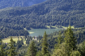 Lautersee, view from Kranzberg, Alps, Mittenwald, Werdenfelser Land, Upper Bavaria, Bavaria,