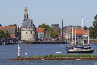 City view of Hoorn from the Markermeer, historic city centre with Hoofdtoren tower, Hoorn, North