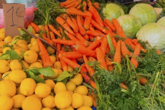 Market stall with fresh vegetables such as carrots, lemons and cabbage. A price tag shows the price