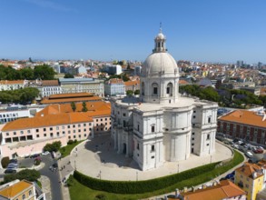 City view with a central large domed building surrounded by historical buildings and clear sky,