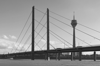 Rheinknie Bridge and Rhine Tower, cable-stayed bridge from 1969, Düsseldorf, North