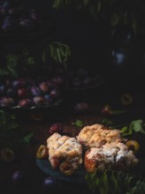 Plum cake on a plate in a dark, cosy, autumnal setting with plums and leaves