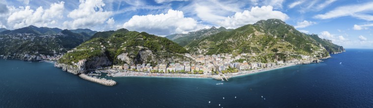 Panorama of Maiori from a drone, Amalfi Coast, Salerno, Campania, Italy, Europe