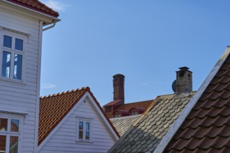 Houses with red tiled roofs and white facades under a clear blue sky, Bergen, Vestland, Norway,