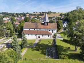 Aerial view of the pilgrimage church of St Genesius, a Romanesque basilica, former monastery, built