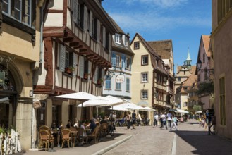 Half-timbered houses and restaurants in the old town, Colmar, Alsace, Bas-Rhin, France, Europe