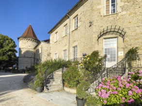 View of left old historic tower castle tower right double staircase staircase to historic castle