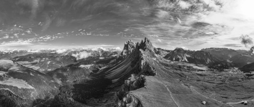 The peaks Sas Rigais and Furchetta of the Geisler Group, wide-angle panoramic photo, drone photo,