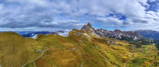 Clouds over the Geisler and Puez Group, wide-angle panoramic photo, Val Gardena, Dolomites,