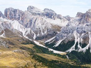 The peaks of the Puez Group, drone shot, Val Gardena, Dolomites, Autonomous Province of Bolzano,