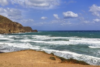 View of rocky coast, coastline at La Isleta del Moro, Almeria, Cabo de Gata, Cabo de Gata-Nijar,