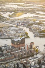 Aerial view of Hamburg harbour at sunset with Elbe, Elbe Philharmonic Hall, Hafen City, Hamburg,