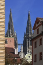 Towers of the Gothic Regensburg Cathedral of St Peter, completed from 1859-1869 Regensburg,