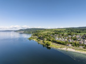 Aerial view of Lake Constance with the Landesgartenschaugelände and Uferpark, Goldbach, Überlingen,