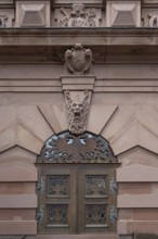 Detail of the southern entrance to the red building of the town hall, Würzburg, Lower Franconia,