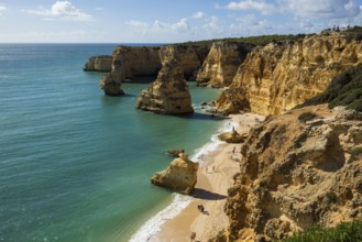 Beach and coloured rocks, Praia da Marinha, Carvoeiro, Algarve, Portugal, Europe