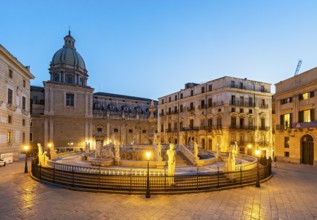 Praetorian Fountain by night, Piazza Pretoria, Palermo, Sicily, Italy, Europe