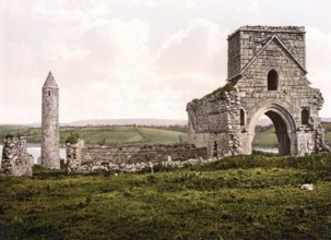 Devenish Island ruins, Lough Erne, County Fermanagh, Ireland, Historical, digitally restored