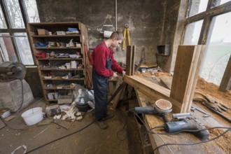 Young man builds a table in his workshop, Mecklenburg-Vorpommern, Germany, Europe