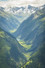 Breathtaking alpine valley with snow-capped mountains and lush green meadows, Stilluptal, Zillertal