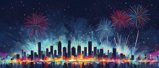 Minimalist, geometric skyline at night, with subtle fireworks in the sky, represented by colorful