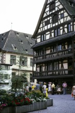 Historic medieval half-timbered buildings in the city centre of Strasbourg, Alsace, France 1974