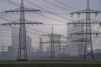 Large power line, 380 KV extra-high voltage lines, near Rommerskirchen, RWE lignite-fired power