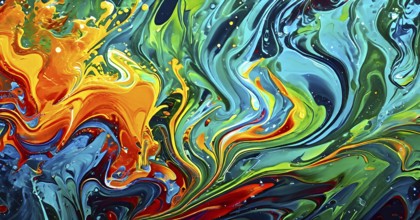 Dynamic abstract background with swirling liquid patterns and colorful light refraction, creating a