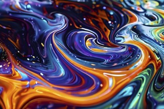 Dynamic abstract background with swirling liquid patterns and colorful light refraction, creating a