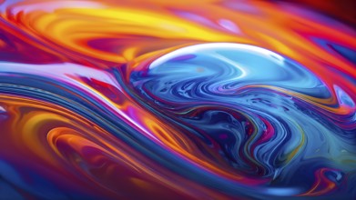 Dynamic abstract background with swirling liquid patterns and colorful light refraction, creating a