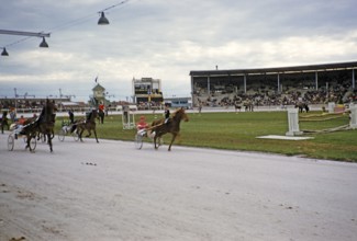 Trotting race in a stadium as part of an equestrian event, Melbourne, Victoria, Australia, 1956,