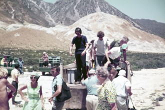 Tourists on a sightseeing tour get out of the vehicle, Kos, Greece 1970s