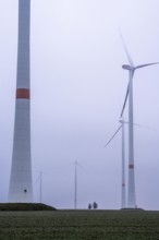 Wind farm in fog, dark doldrums, no wind no direct sunlight, in the Rhenish lignite mining area,